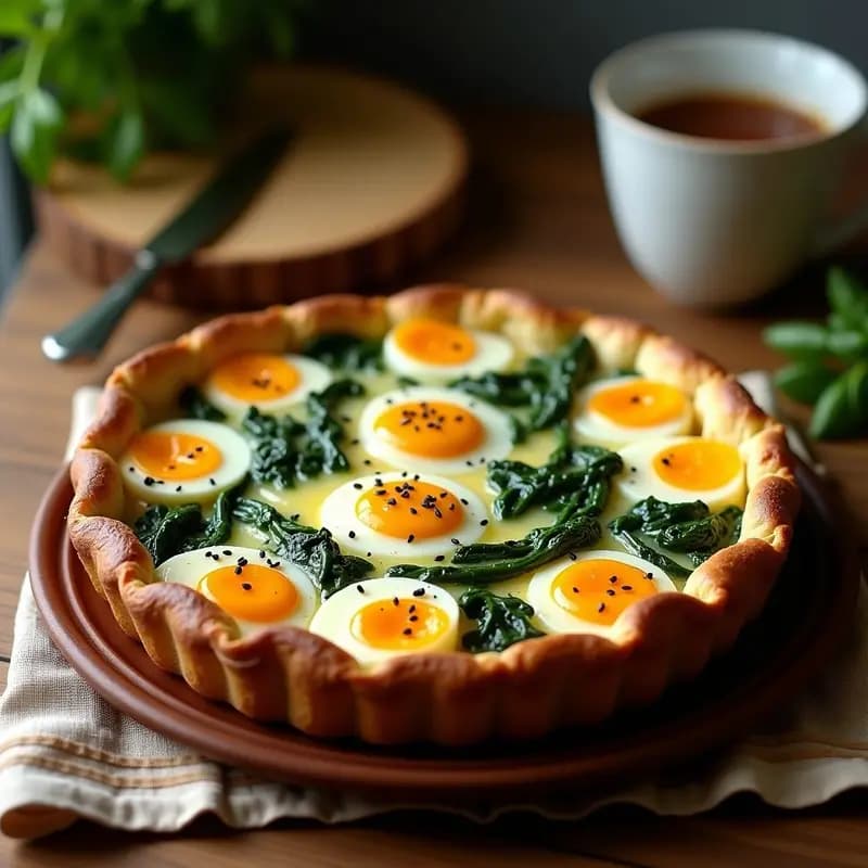 Tarta pascualina uruguaya en molde redondo, con capas visibles de espinacas, huevos duros y queso gratinado, cocinada en olla lenta.