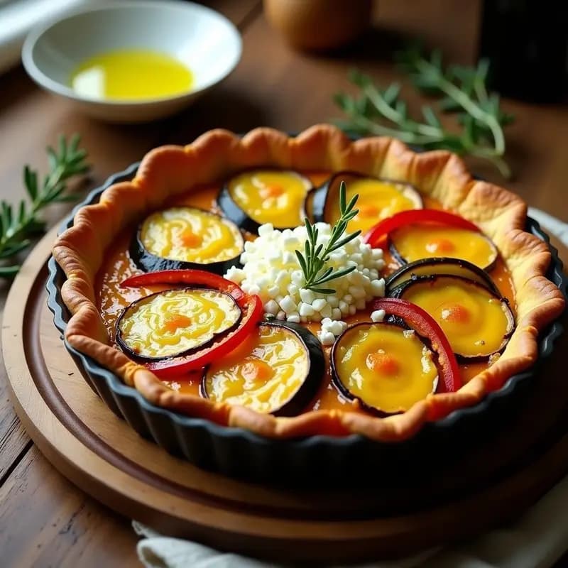 Tarta del pastor cordobés dorada en molde redondo, con capas visibles de calabacín, berenjena y pimiento rojo, coronada con queso de cabra gratinado.