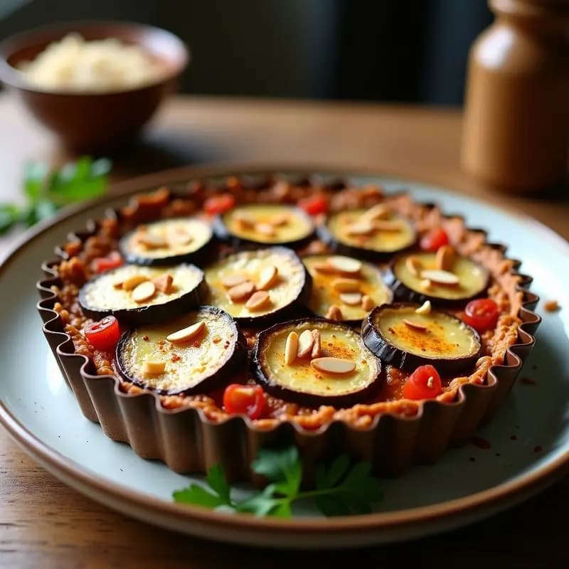 Tarta del pastor vegana en molde desmontable con capas visibles de berenjena ahumada dorada y relleno cremoso de tofu especiado, decorada con almendras fileteadas tostadas.