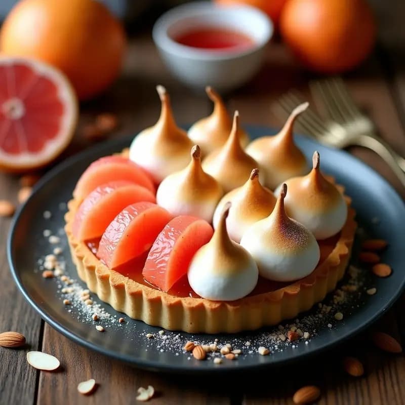 Tarta francesa sin gluten de pomelo y merengue, con base dorada de almendra, relleno de gajos de pomelo rosa caramelizados y merengue italiano tostado en picos. Presentada en molde desmontable sobre superficie rústica de madera.