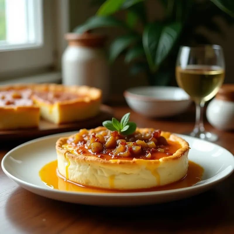 Tarta dorada de queso crema y morcilla con cebolla caramelizada en molde rústico, servida en mesa de madera con tenedor de plata.