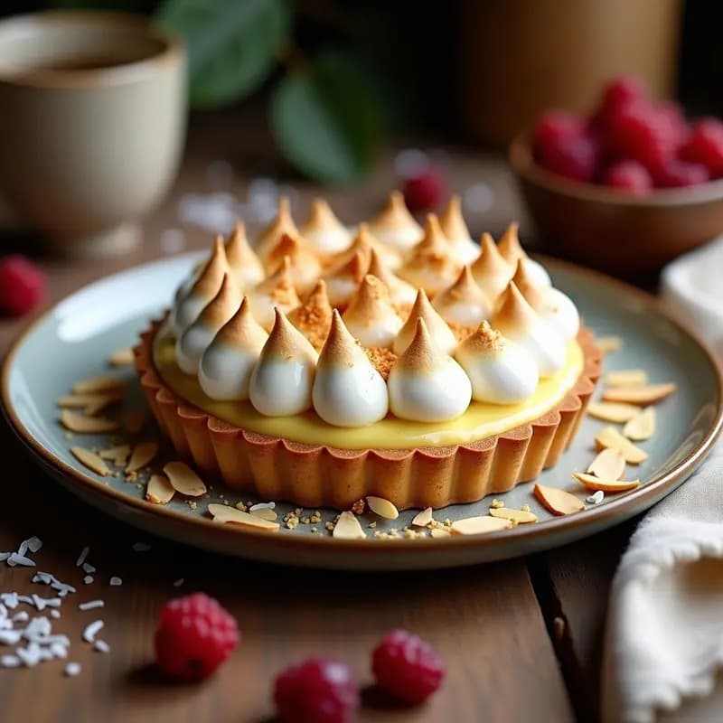 Tarta de Ricardo vegana con base dorada de almendra y coco, rellena de dulce de lucuma y manjar, coronada con merengue de aquafaba esponjoso y tostado, decorada con almendras fileteadas.