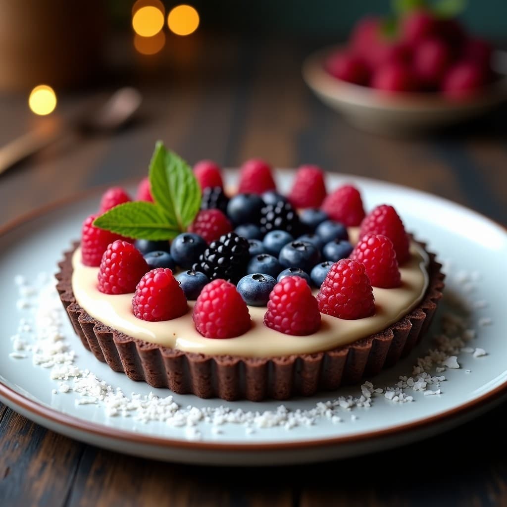 Tarta de sacha inchi y frutos del bosque con base de dátiles en un plato blanco rústico. La base oscura de dátiles contrasta con el relleno cremoso color beige y los frutos del bosque rojos y morados distribuidos en la superficie. Decorada con coco rallado y una ramita de menta. Postre amazónico sin horno.