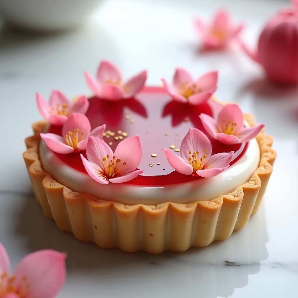 Tarta japonesa vegana de sakura y crema de anko en molde redondo, con base dorada de harinas, crema sedosa de color rojo oscuro y decoración de flores de cerezo rosadas y hojas de oro comestible.