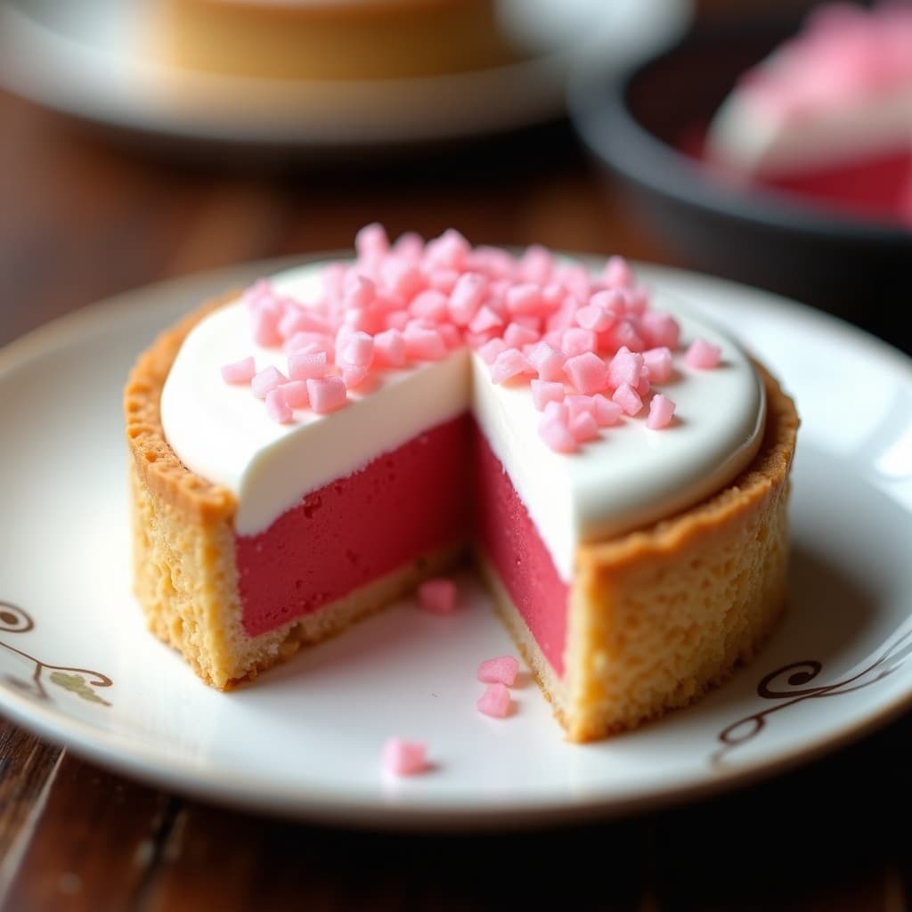 Tarta japonesa tradicional sin horno de sakura y red bean paste, con base de galleta de arroz, capa cremosa de anko y crema de coco decorada con pétalos de cerezo rosados.