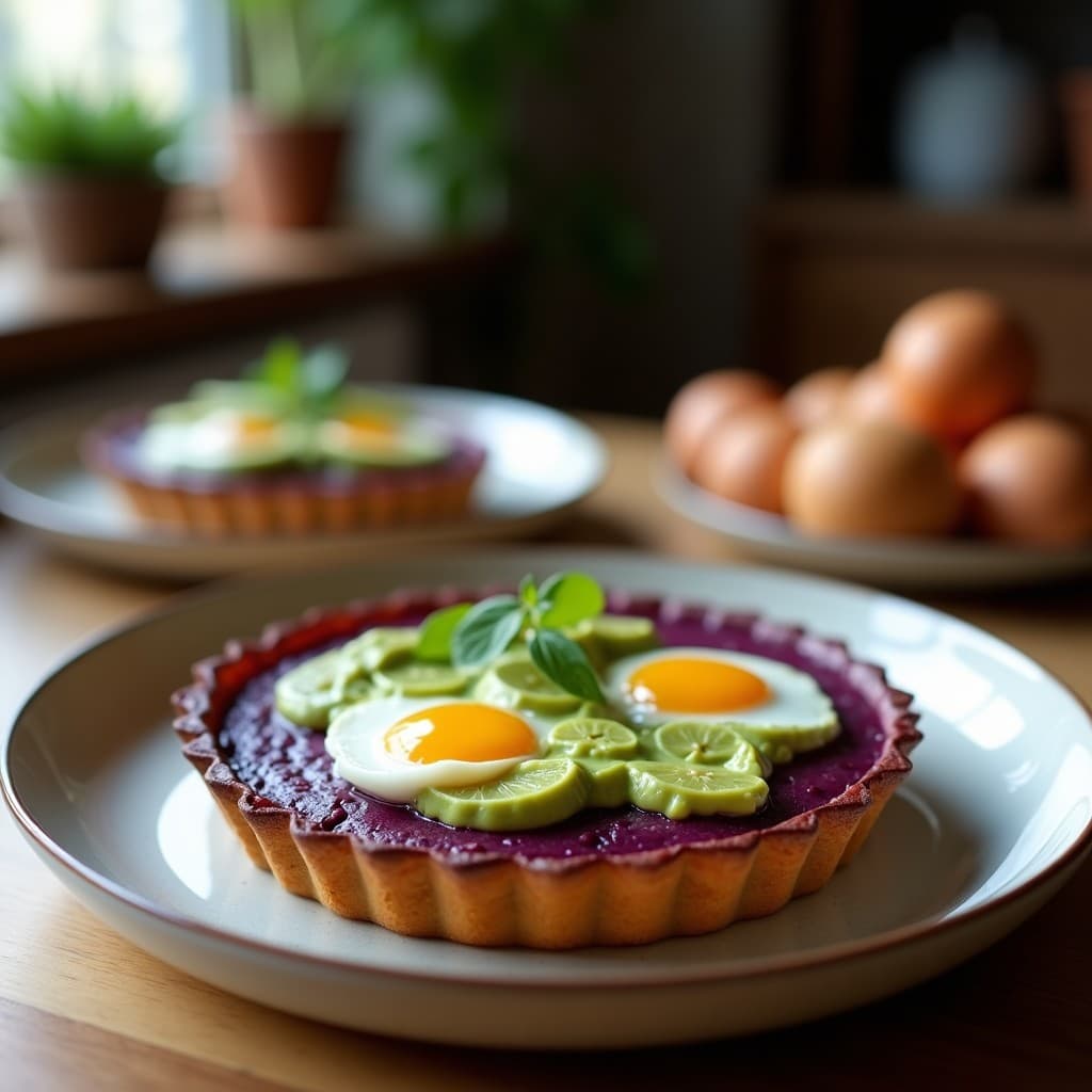 Tarta salada keto con base morada de batata, crema verde de aguacate y huevos pochados en el centro, decorada con semillas de sésamo y cilantro fresco.