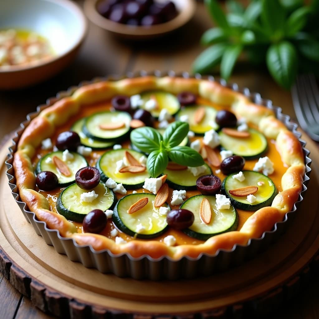 Tarta salada dorada en airfryer con capas visibles de calabacín, aceitunas Kalamata y almendras fileteadas, servida en molde redondo sobre tabla de madera rústica, acompañada de hojas de albahaca fresca.