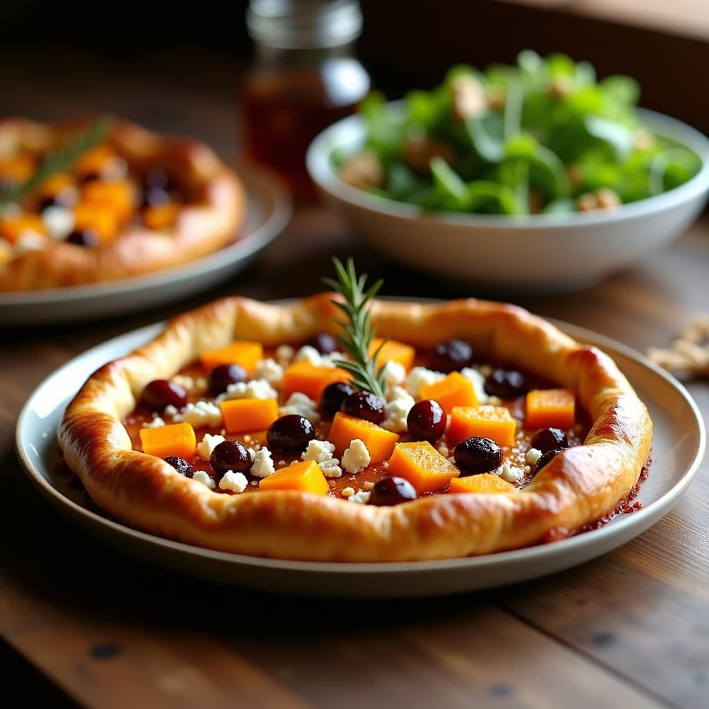 Tarta salada dorada al horno con trozos de calabaza asada, arándanos secos y queso de cabra desmenuzado, sobre una mesa de madera rústica con un plato de ensalada verde al lado.