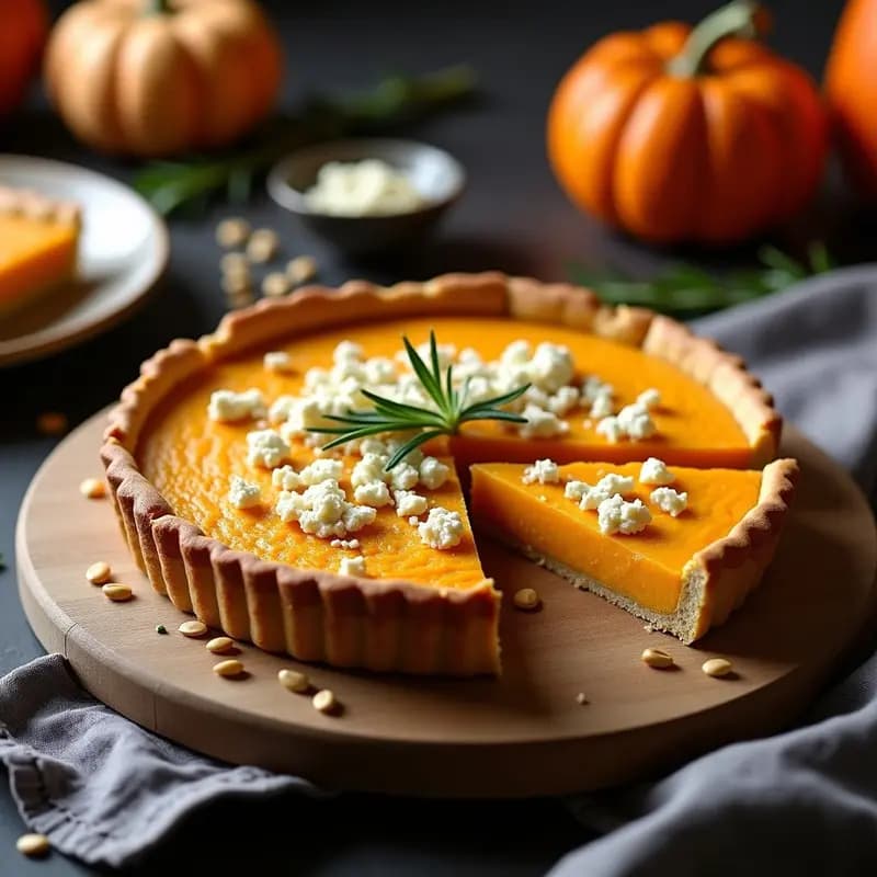 Tarta salada dorada de calabaza y azafrán en molde redondo, con base crujiente de almendras y semillas, espolvoreada con queso de cabra desmenuzado y decorada con hojas de romero fresco, receta en olla lenta.