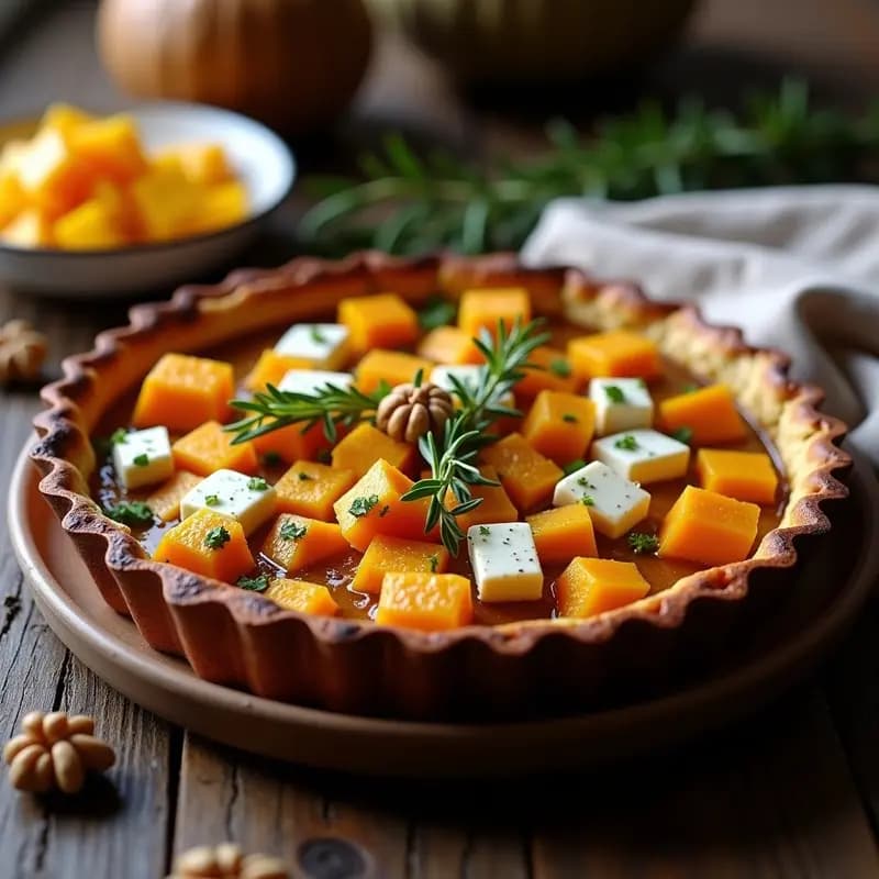 Tarta salada de calabaza y queso azul en molde de cobre, con superficie dorada y trozos de queso azul derretido, decorada con nueces y romero.