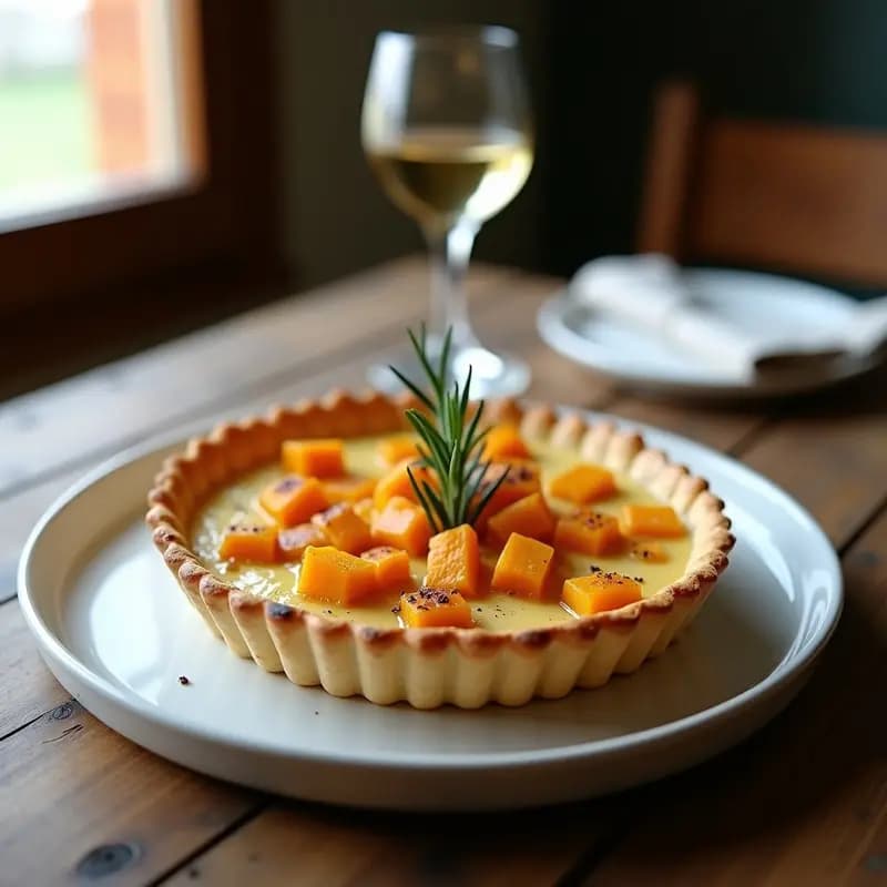 Tarta salada dorada con base de masa quebrada, rellena de calabaza asada en cubos y queso brie derretido, decorada con hojas de romero y un hilo de miel sobre un plato de madera rústico.