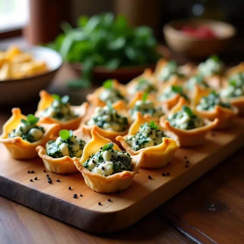 Mini tartas saladas de espinacas y queso feta en moldes de hielo, con masa filo dorada y crujiente, servidas en bandeja de madera.