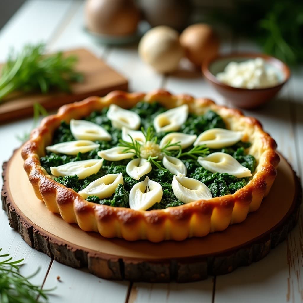 Tarta salada dorada en molde redondo con relleno verde de espinacas, trozos blancos de feta y hinojo en juliana, servida en mesa rústica.