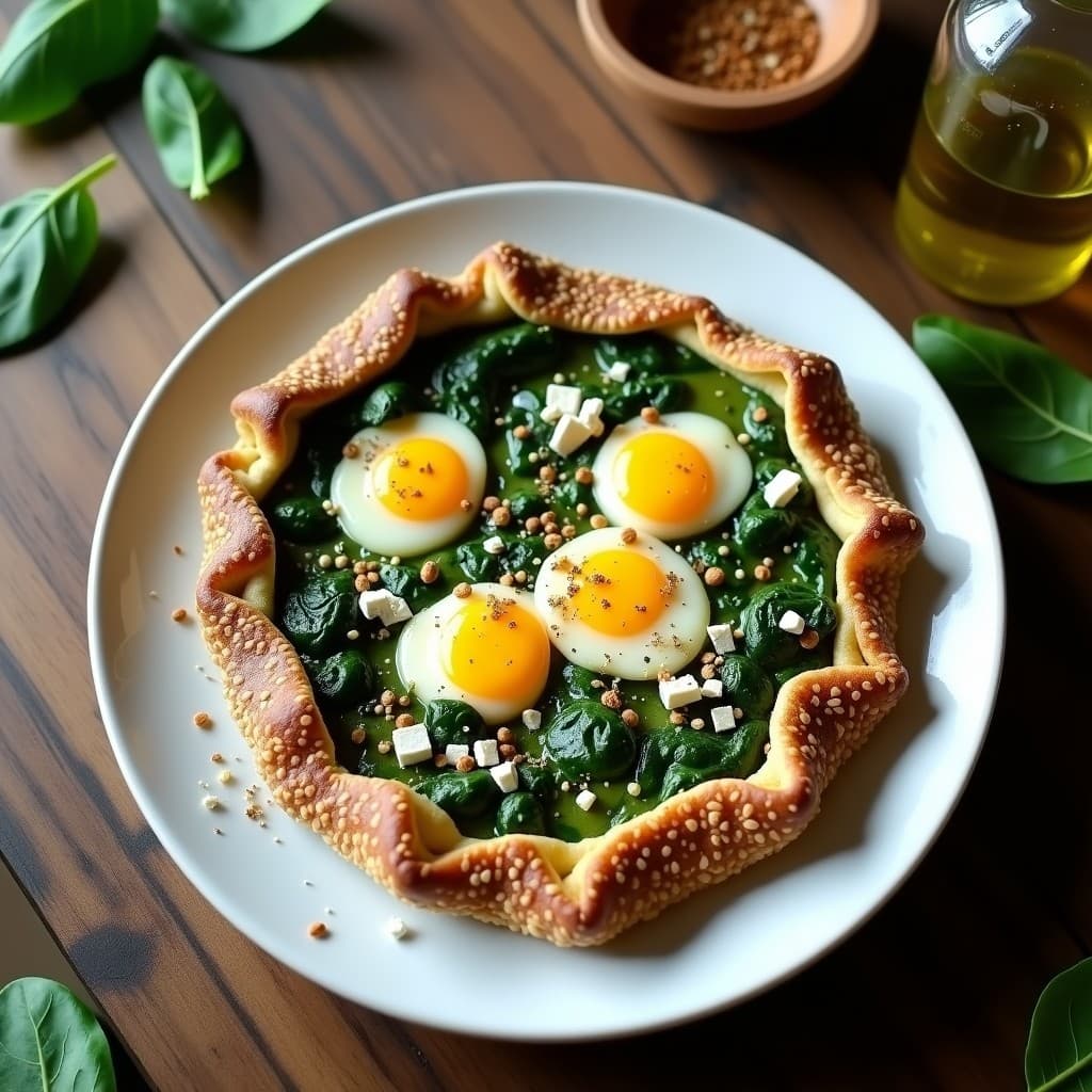 Tarta salada de espinacas y zaatar al horno, sin masa, con base crujiente de semillas de girasol y lino, coronada con queso feta desmenuzado y espolvoreada con especias zaatar.