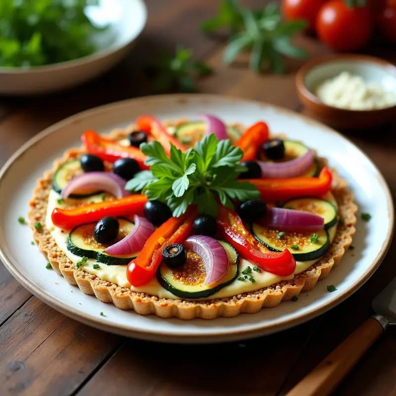 Tarta salada portuguesa sin harina con base dorada de quinoa y semillas de lino, cubierta de crema de anacardos, verduras asadas (pimiento, calabacín, cebolla), tomates cherry y aceitunas negras. Decorada con apio picado sobre fondo rústico de madera.