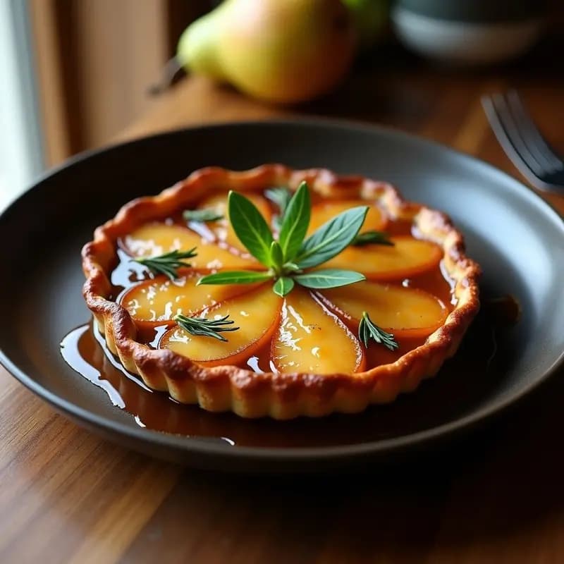 Tarta Tatin de Peras y Romerito invertida en plato blanco, con caramelo dorado brillante, peras caramelizadas y hojas de romerito fresco como decoración. Masa quebrada crujiente y almendras fileteadas tostadas.