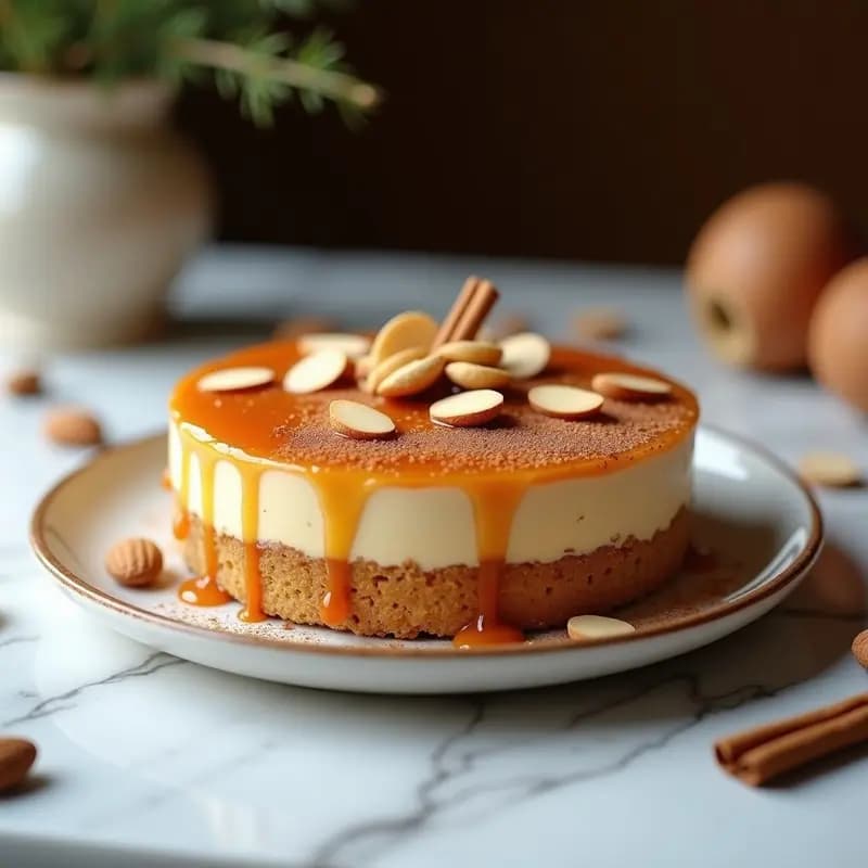 Tarta fría de turrón y dulce de leche en molde redondo, con capas visibles de base de galleta, dulce de leche cremoso y crema de queso con trozos de turrón blando y almendras fileteadas por encima.