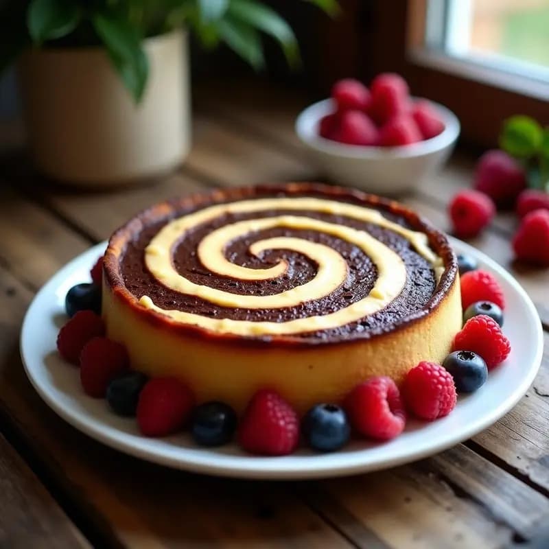 Tarta zebra vegana en molde redondo con capas alternas de chocolate negro y vainilla, textura esponjosa y dorada, servida sobre plato blanco con frutos rojos frescos.