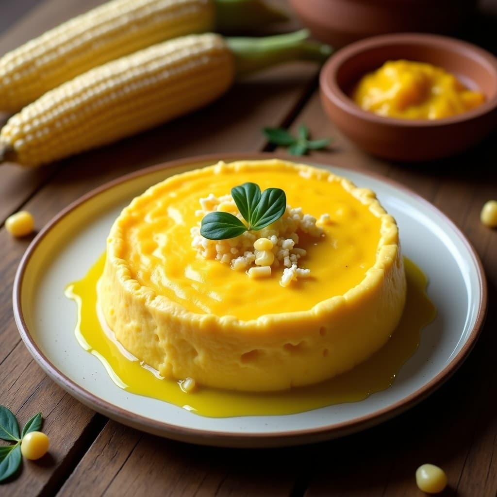 Tartale de Choclo y Queso de Oveja peruana en molde desmontable, con capas visibles de granos de maíz amarillo y queso de oveja desmenuzado, decorada con hojas de huacatay y un hilo de aceite de oliva.