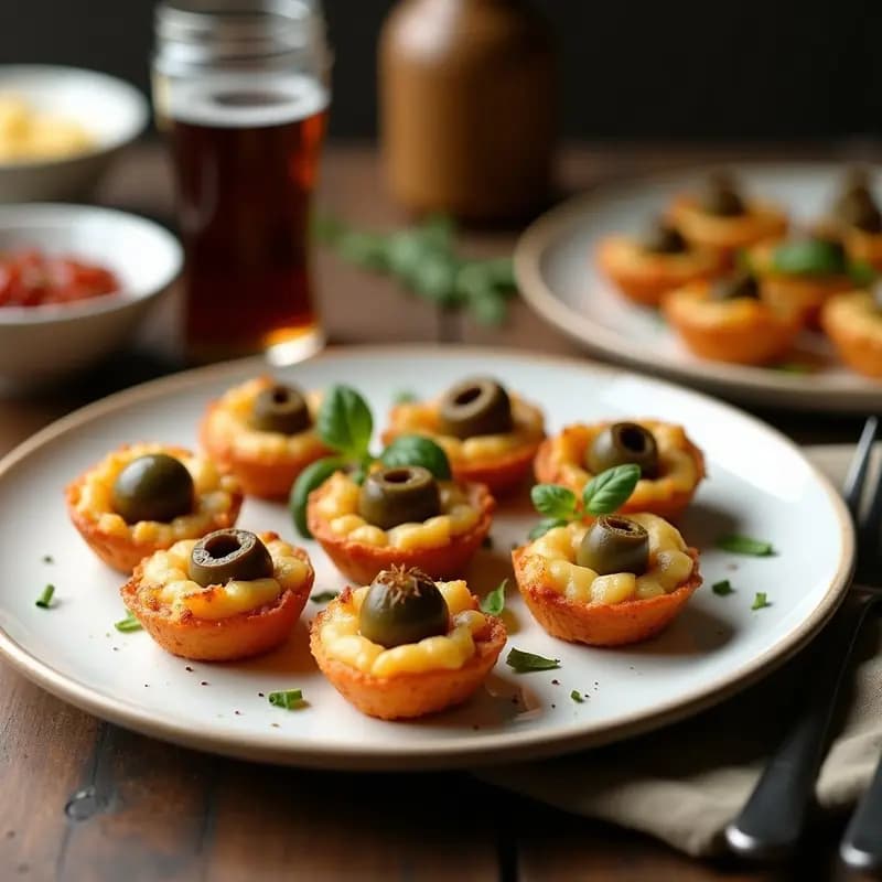Tartaletas doradas y crujientes de aceituna negra y anchoas en airfryer, servidas en una fuente de cerámica blanca con cebollino fresco picado por encima. Receta mediterránea sin gluten, aperitivo fácil y sabroso.