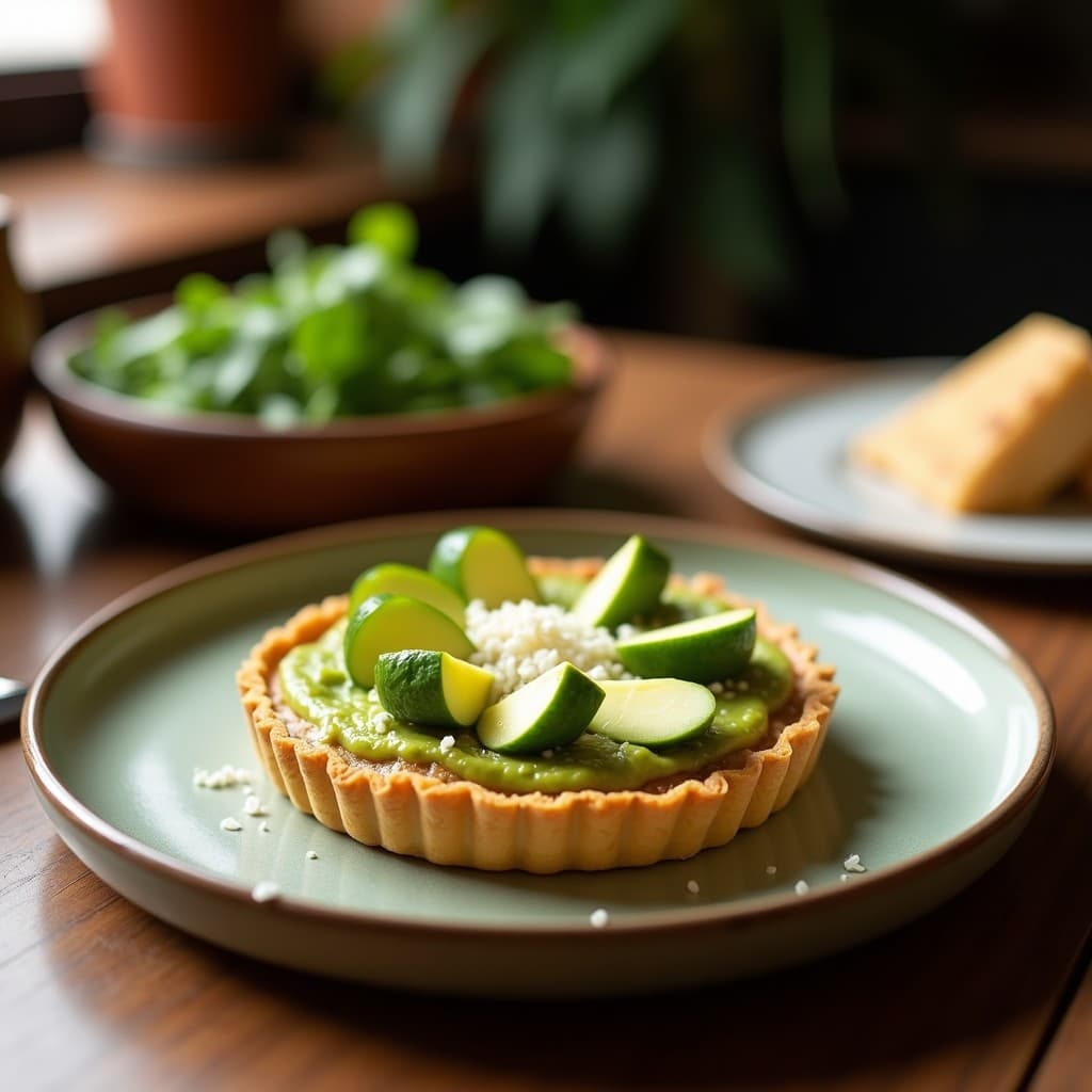 Tartaleta mediterránea vegana con base dorada de almendra y avena, rellena de cremoso queso de macadamia y trocitos de aceitunas verdes, decorada con hojas de albahaca fresca y semillas de sésamo sobre un plato de cerámica blanca.