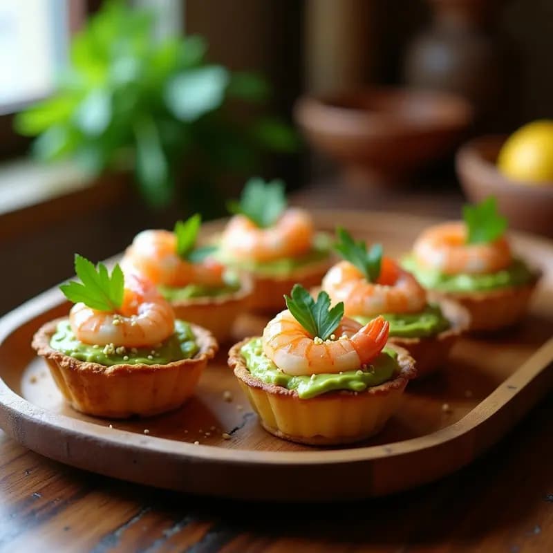 Tartaletas crujientes rellenas de crema de aguacate verde y gambas rosadas, decoradas con cilantro fresco y semillas de sésamo, servidas en una bandeja de madera rústica.