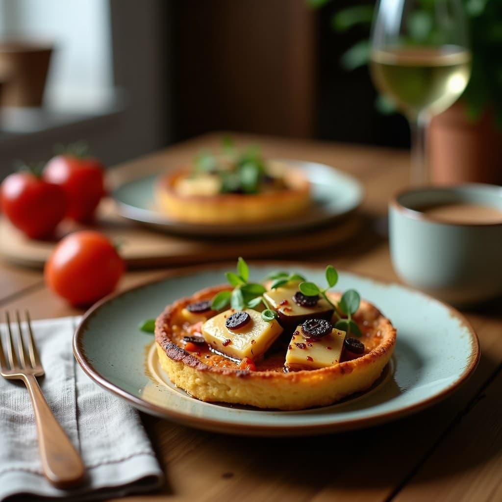 Tartaletas doradas de hojaldre rellenas de tofu ahumado desmenuzado, berenjena asada y tomates cherry, servidas en una bandeja de madera rústica con hierbas frescas al lado.