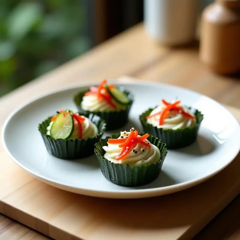 Tartaletas japonesas veganas de alga nori rellenas de crema de queso vegano casero, decoradas con juliana de pimiento rojo, pepino y semillas de sésamo, dispuestas en un plato de cerámica blanca sobre fondo de madera clara.