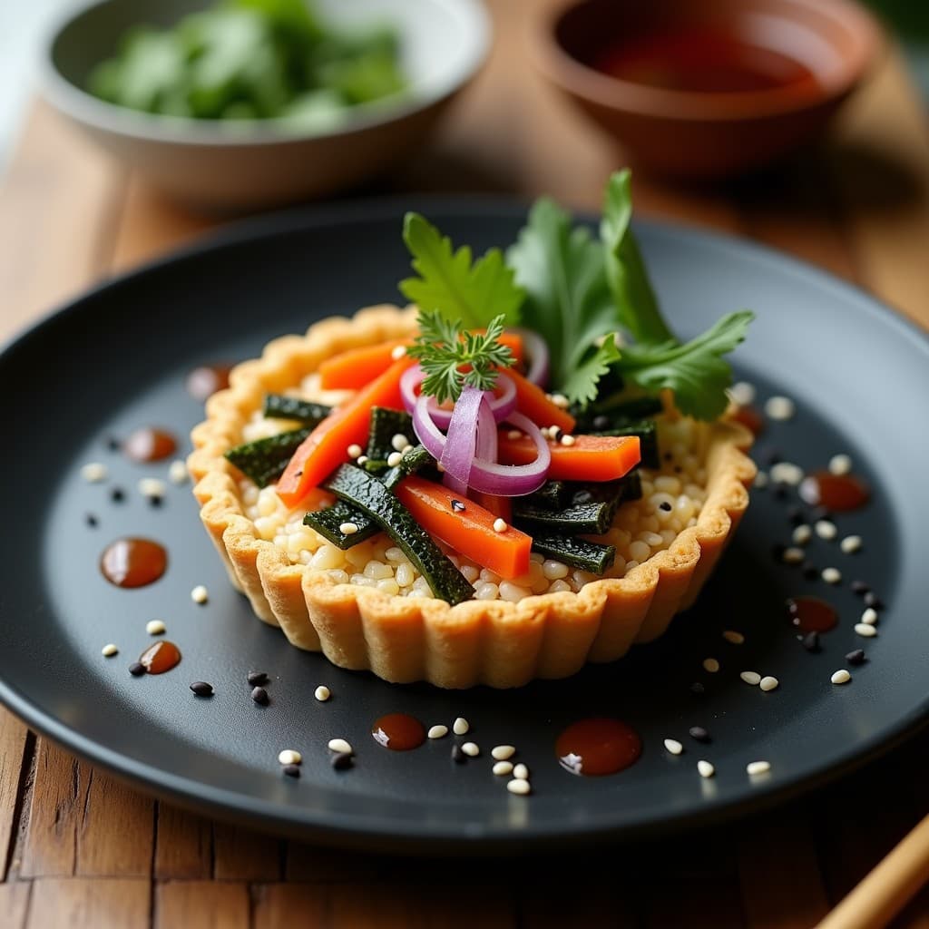 Tartaletas doradas de alga nori rellenas de arroz salvaje tostado y tofu glaseado con salsa teriyaki, decoradas con semillas de sésamo negro y cebollino fresco sobre un plato de madera rústica, receta vegana japonesa.