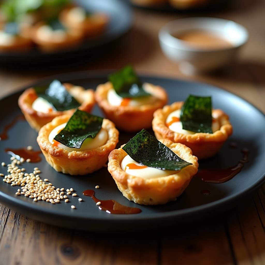 Tartaletas doradas y crujientes rellenas de crema de queso vegano, decoradas con tiras de algas nori y semillas de sésamo negro, con un hilo de salsa teriyaki brillante, servidas en un plato de cerámica negra sobre fondo rústico.