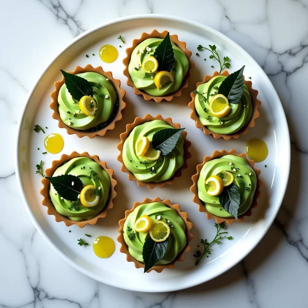 Tartaleta vegana de alga spirulina con crema de aguacate y limón, decorada con tiras de alga nori y semillas de chía sobre fondo blanco.