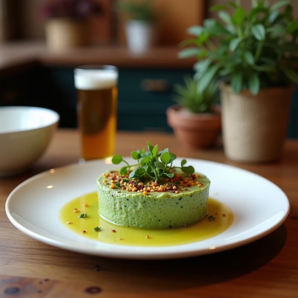 Tartaletas veganas en moldes redondos con base dorada de galletas de arroz, rellenas de crema verde intenso de queso de anacardos y alga spirulina, decoradas con semillas de sésamo y hojas de cilantro fresco.