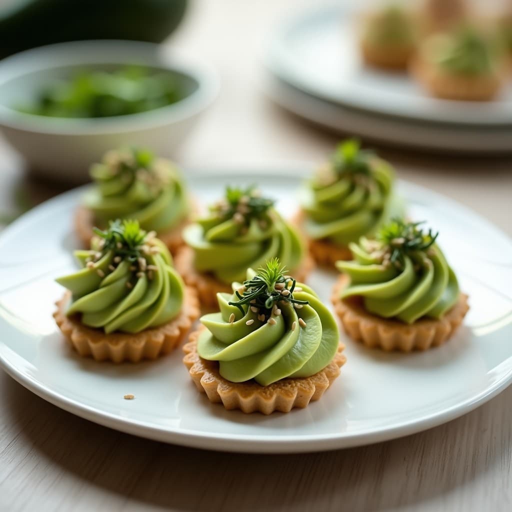 Tartaletas japonesas sin horno con base de galleta de arroz, crema de aguacate verde cremosa y algas wakame picadas, decoradas con semillas de sésamo y cebollino fresco.