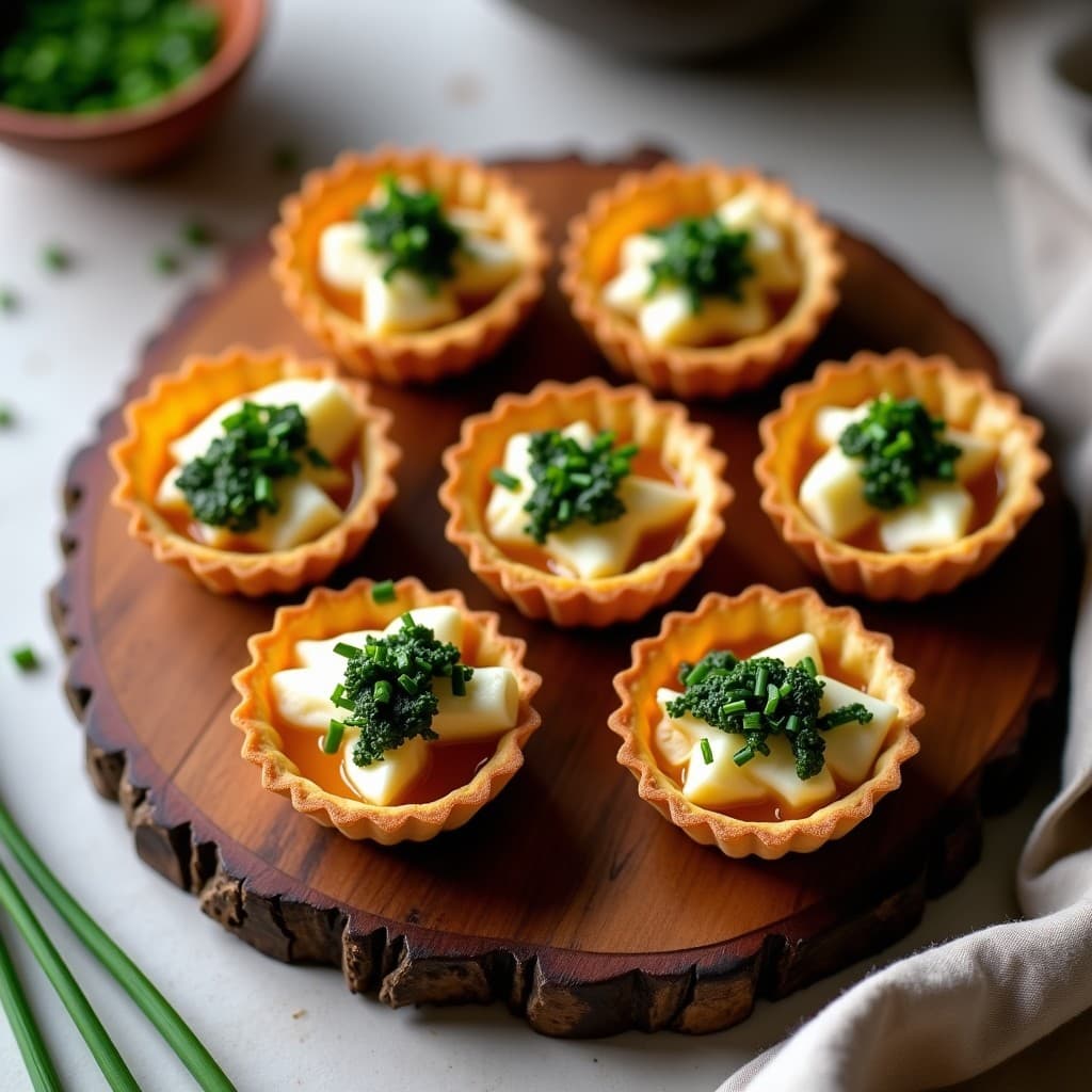 Tartaletas doradas y crujientes rellenas de queso de caju cremoso, algas wakame verdes y bañadas en reducción de sake brillante, decoradas con cebollino fresco. Plato vegano japonés servido en bandeja de madera sobre fondo neutro.