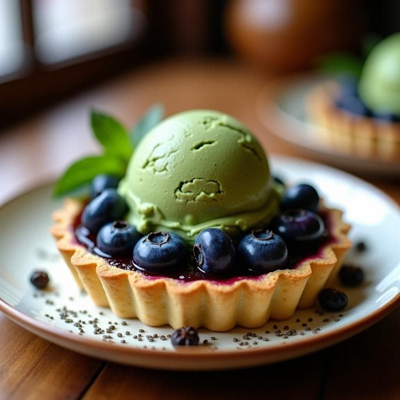 Tartaleta dorada de almendra rellena de arándanos cocidos brillantes, coronada con una bola de helado de té verde matcha cremoso y semillas de chía. Postre keto sin azúcar en plato blanco minimalista.