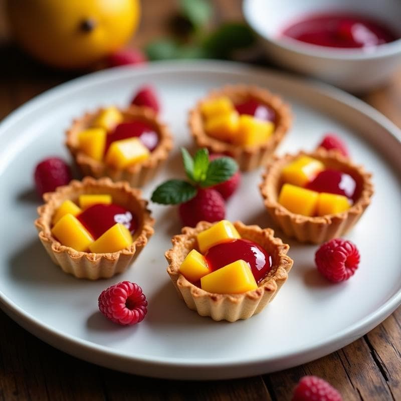 Tartaletas individuales con base dorada de almendra, rellenas de cubos de mango amarillo y bañadas con coulis de frambuesa rojo brillante, servidas en plato blanco sobre fondo rústico.
