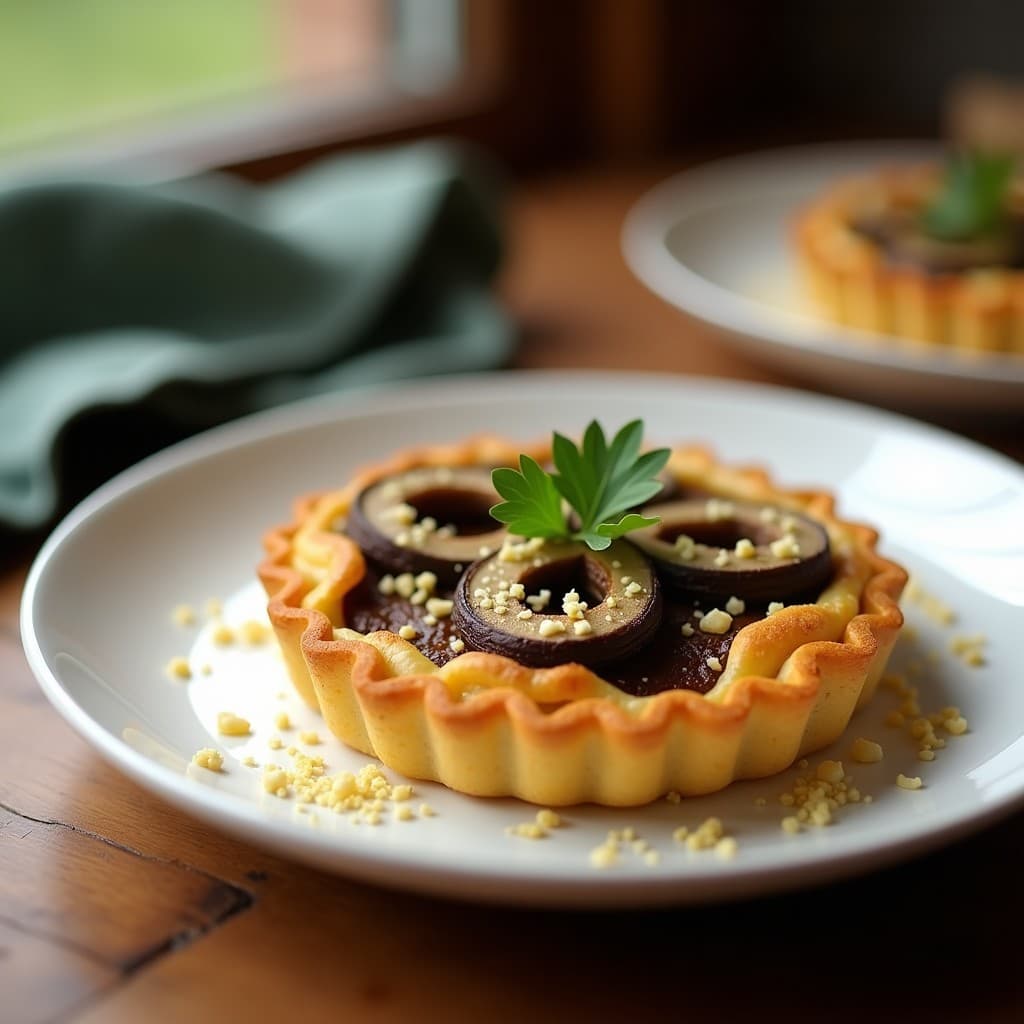 Tartaleta dorada de arroz salvaje crujiente rellena de láminas de setas portobello marinadas en tamari, con semillas de sésamo tostadas por encima. Plato elegante para aperitivo gourmet, receta en airfryer sin gluten y umami.