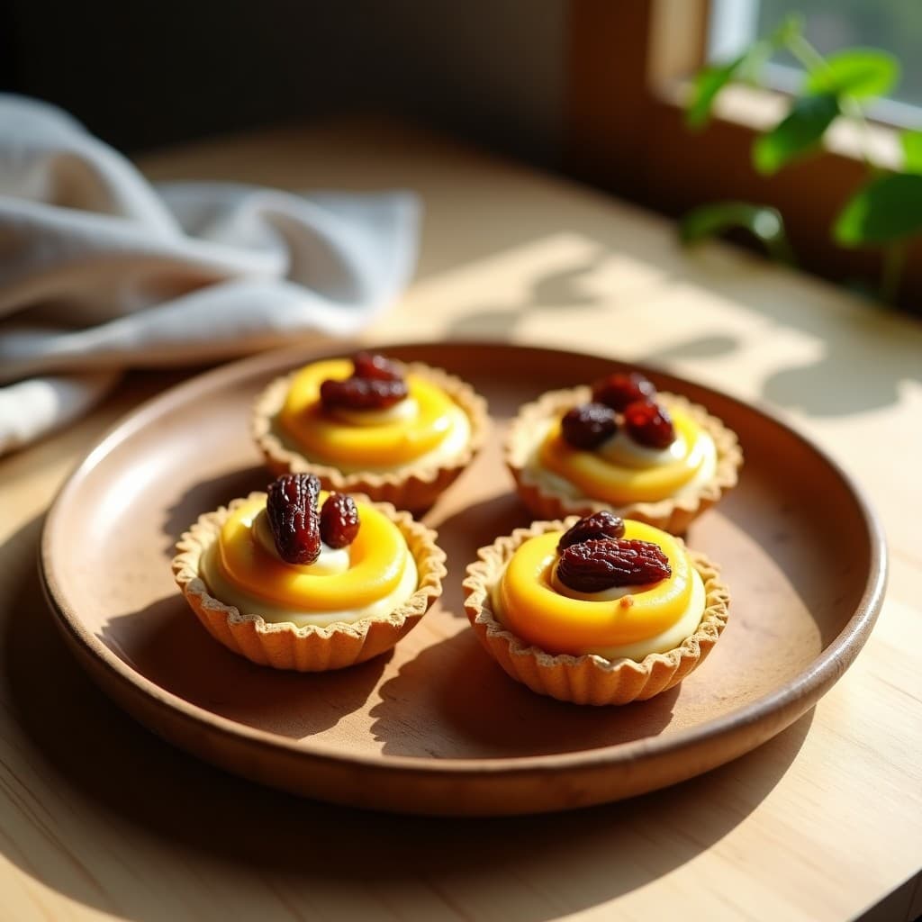 Tartaletas individuales con base dorada de avena y chía, rellenas de crema de mango de color amarillo vibrante y decoradas con pasas brillantes y hilos de crema de anacardos, sobre un plato de madera rústica con fondo claro.