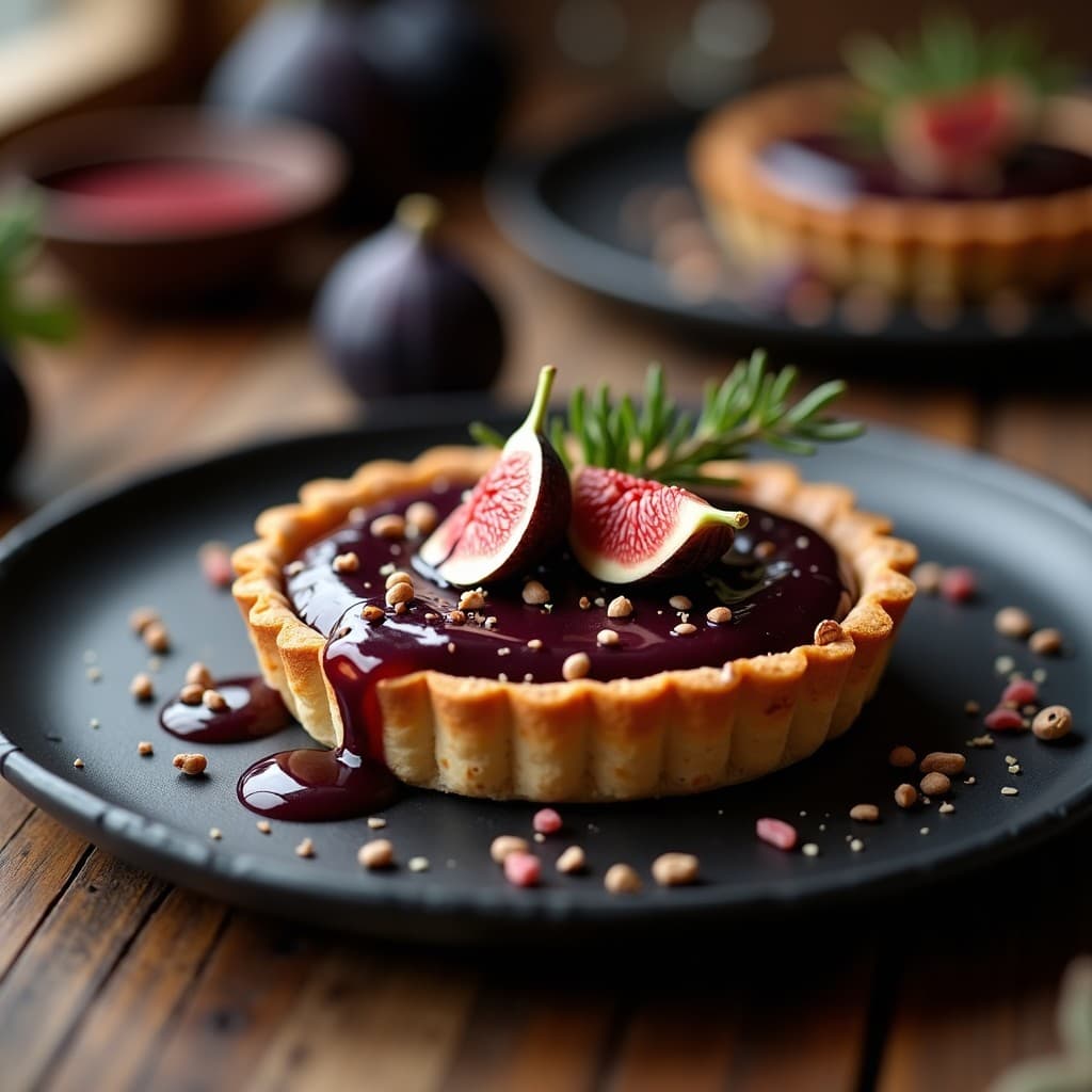 Tartaleta española sin azúcar con base dorada de avena, crema sedosa de higos negros y hilo brillante de reducción de vino tinto, decorada con semillas de chía y pimienta rosa.