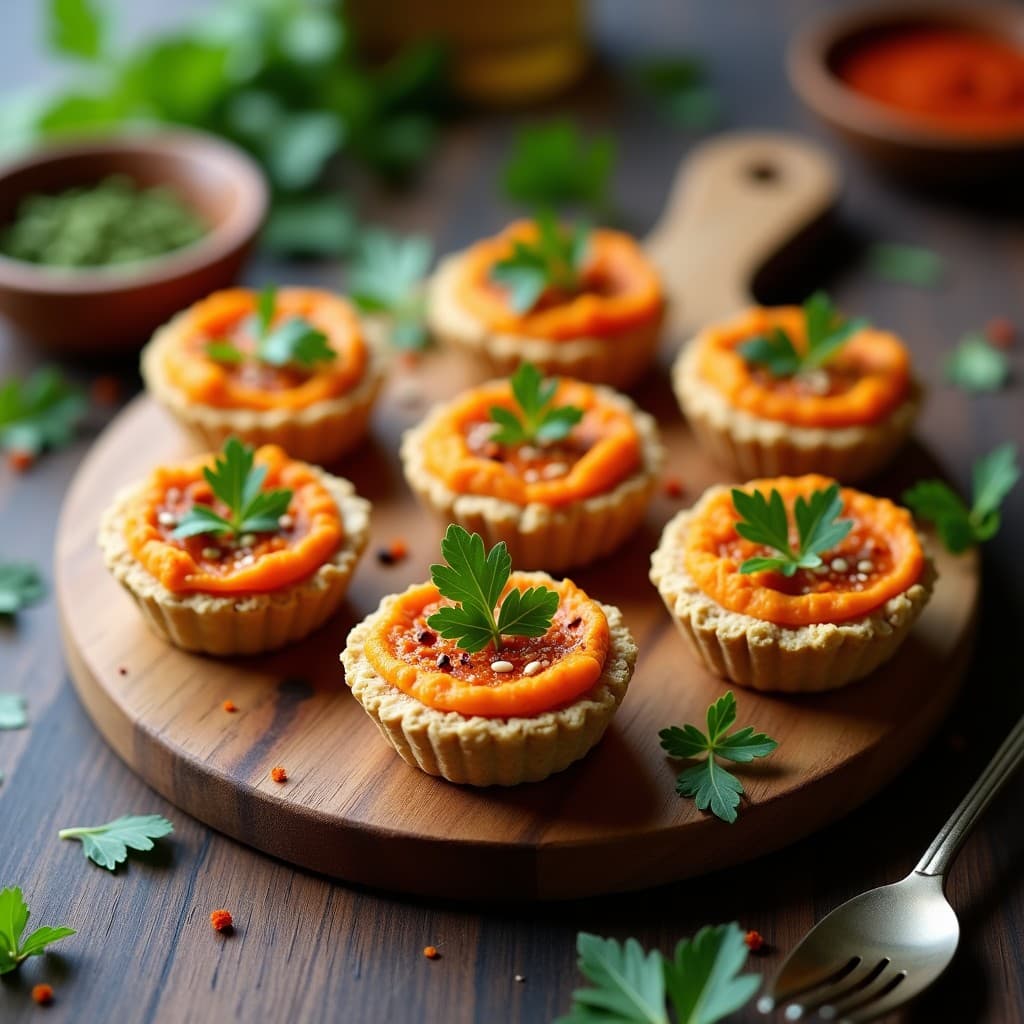 Tartaletas individuales de base dorada de avena rellenas de hummus cremoso de lentejas rojas, decoradas con perejil fresco, semillas de sésamo y un toque de pimentón ahumado sobre fondo rústico de madera.