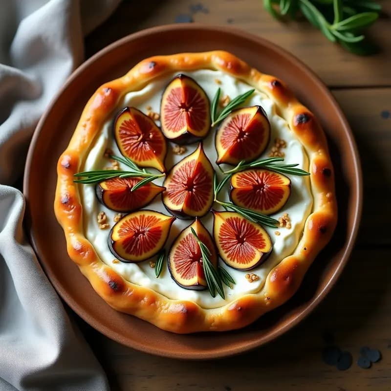 Tartaleta dorada de base de pizza con cremosa ricotta blanca, higos caramelizados en cuartos, nueces picadas y hojas de romero, servida en plato rústico de madera con fondo desenfocado.