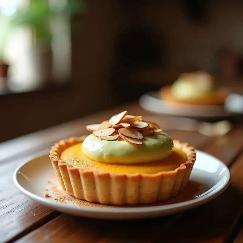 Tartaleta individual con base dorada de almendra y harina de arroz, rellena de crema de batata amarilla suave y topping de crema de aracachá espesa, decorada con canela en polvo y almendras fileteadas, postre peruano sin gluten.