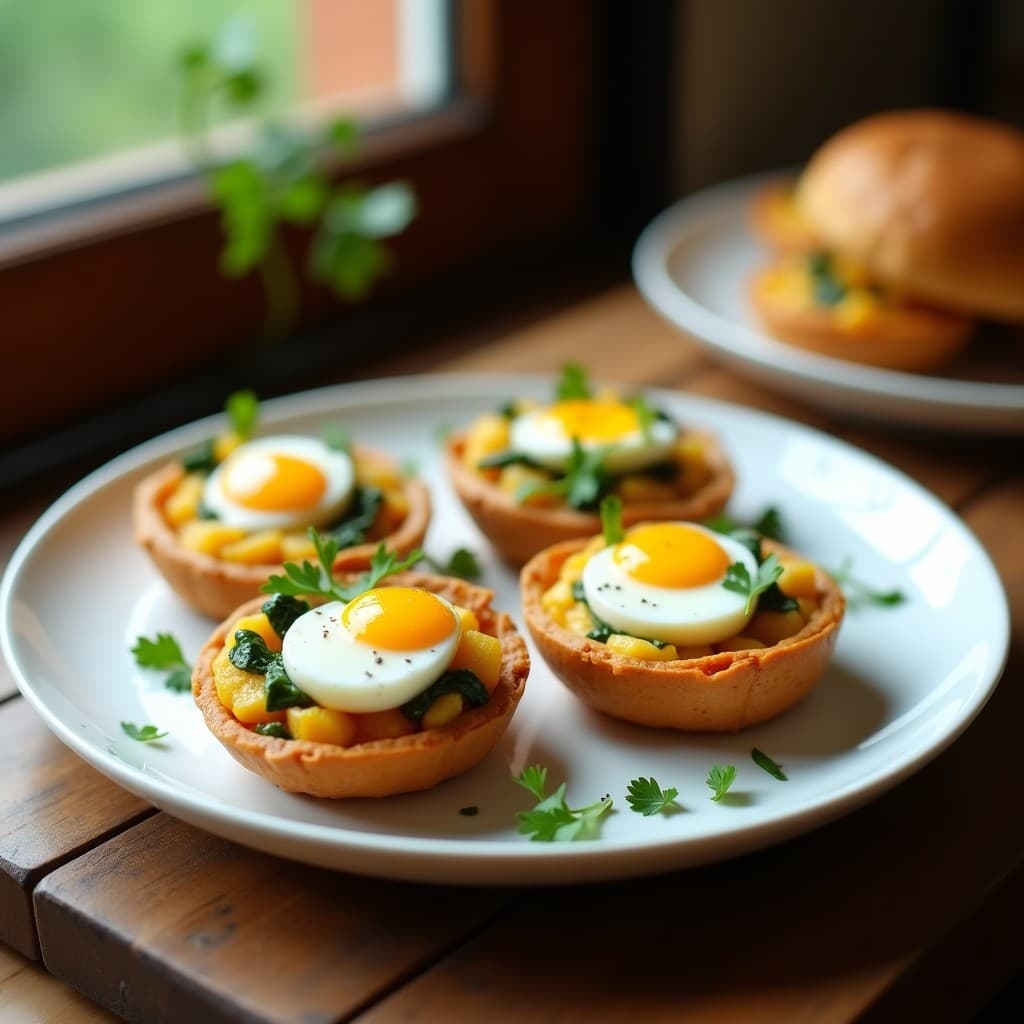 Tartaletas doradas de batata amarilla rellenas de espinacas y queso fresco, coronadas con huevos de codorniz de yema líquida, servidas en un plato de cerámica blanca con hierbas frescas. Receta peruana en airfryer.