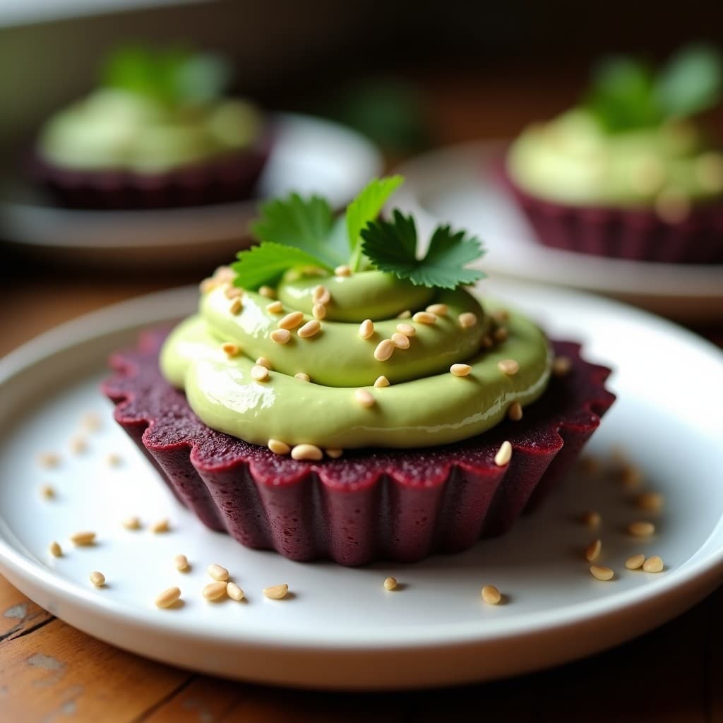 Tartaleta vegana sin horno con base morada de batata y coco, rellena de crema de aguacate suave de color verde claro, decorada con semillas de sésamo tostadas y hojas de cilantro fresco sobre un plato de cerámica blanca.