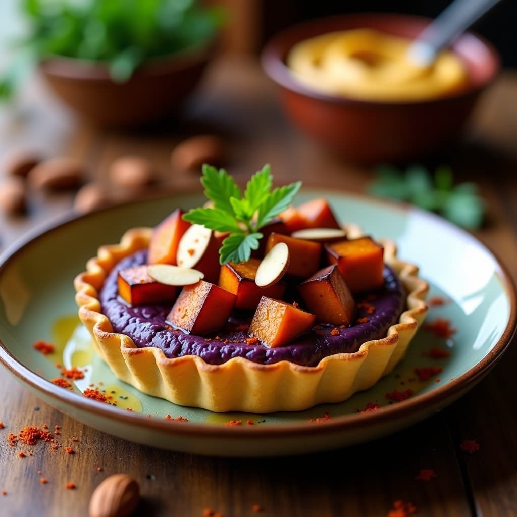 Tartaleta dorada crujiente rellena de hummus cremoso de lentejas beluga, coronada con cubos de batata morada caramelizada, almendras tostadas y perejil fresco. Plato con toque moruno y presentación gourmet sobre fondo rústico.