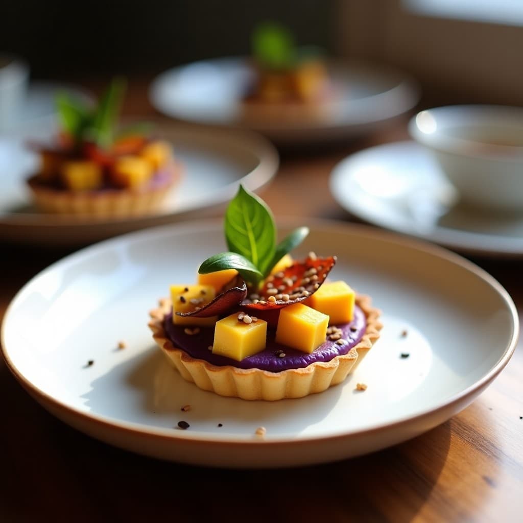 Tartaleta vegana gourmet con base de batata morada violácea, rellena de queso cremoso amarillo cúrcuma, decorada con tiras finas de prosciutto de berenjena oscura, semillas de sésamo negro y hoja de albahaca fresca. Plato blanco rústico con fondo difuminado.