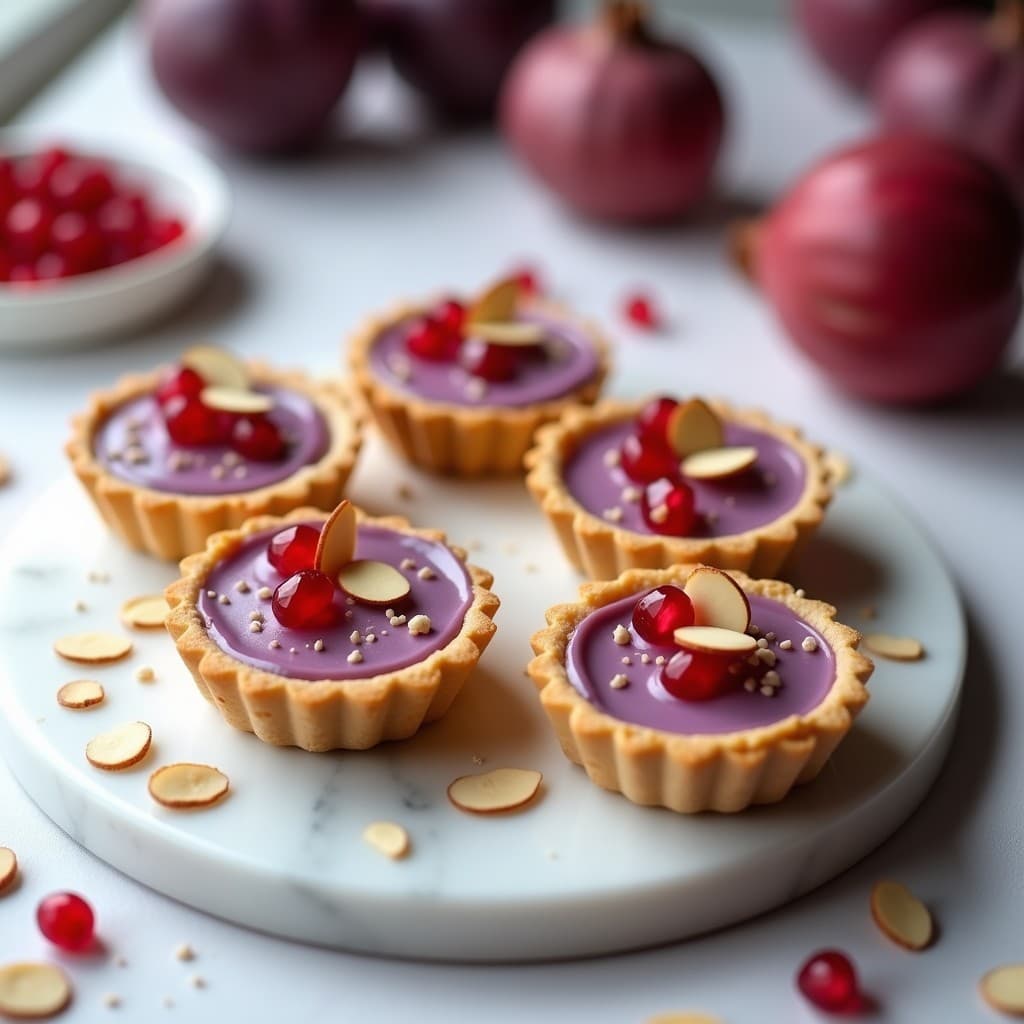 Tartaleta vegana sin gluten con base dorada de harina de arroz, rellena de puré de batata morada vibrante, crema de tahini sedosa y decorada con granos de granada rojos y almendras fileteadas tostadas.