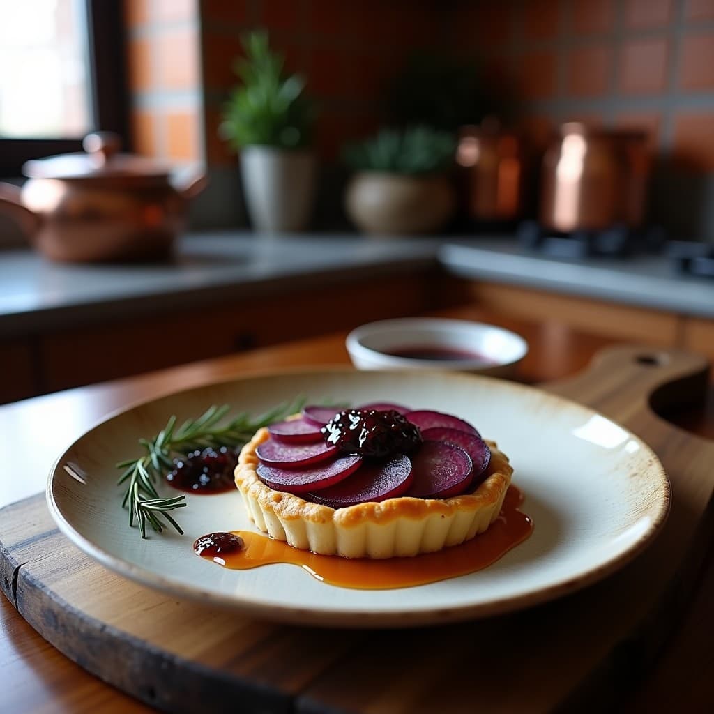 Tartaleta portuguesa sin gluten de batata morada y queso de cabra con mermelada de cebolla, servida en molde metálico sobre tabla de madera rústica, con hojas de romero y luz natural resaltando los colores vibrantes.
