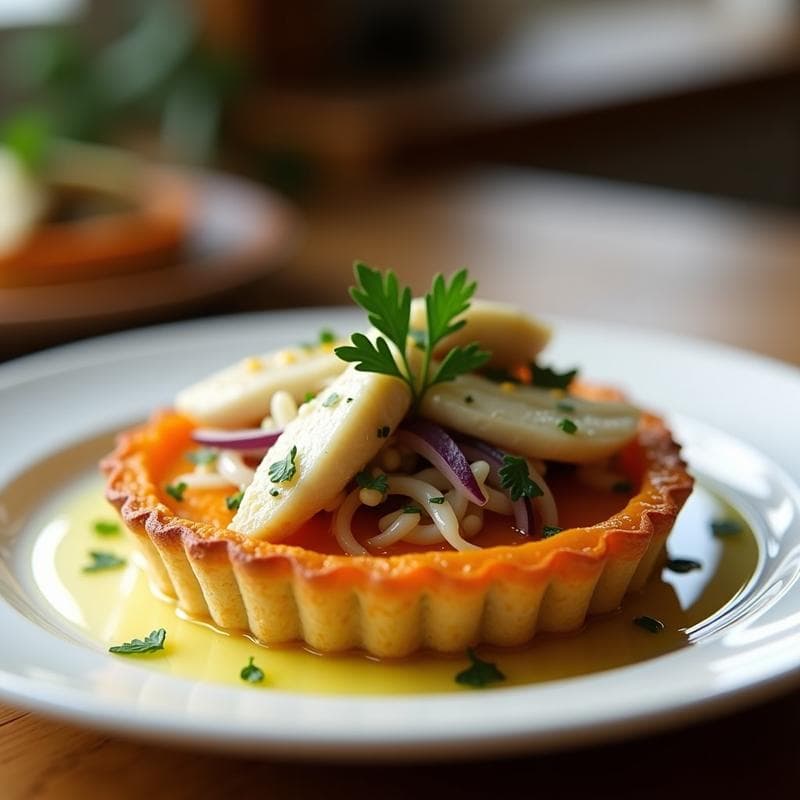 Tartaleta de batata naranja con base esponjosa y relleno de merluza al vapor, servida en molde redondo con perejil fresco y aceite de oliva, receta portuguesa en Thermomix.