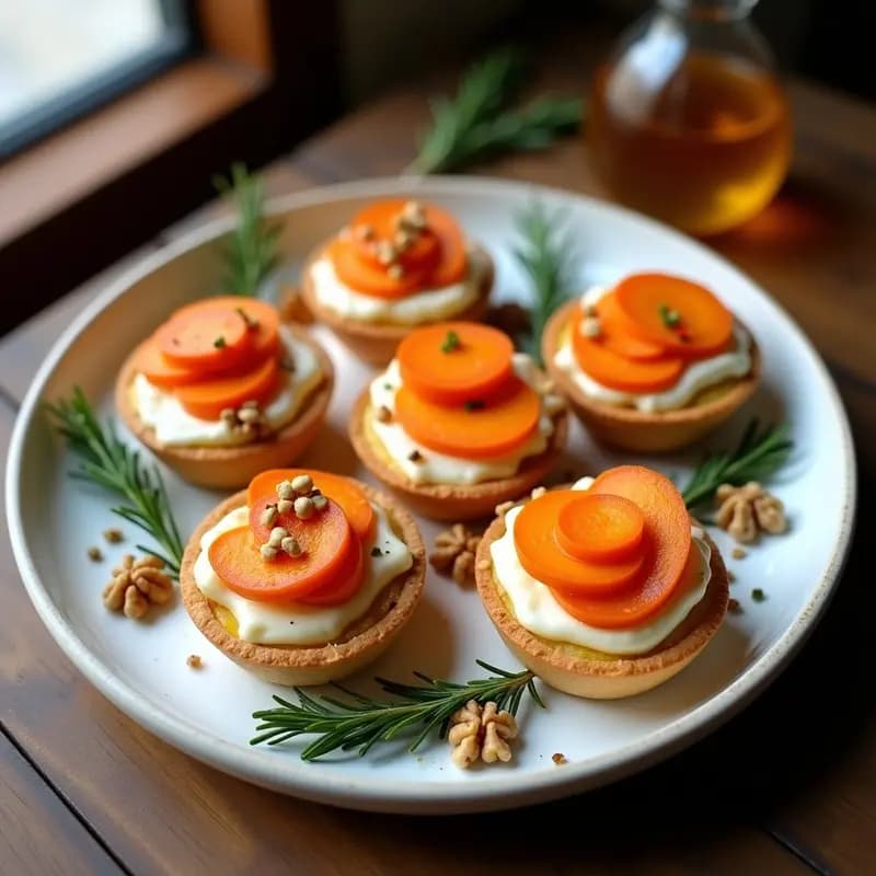 Tartaletas gourmet de queso de cabra cremoso y rodajas de zanahoria asada, decoradas con nueces picadas sobre masa quebrada dorada, receta de 25 minutos.